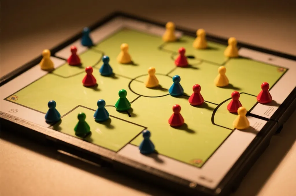 A detailed tactical soccer board with magnetic pieces showing offensive formations under warm studio light