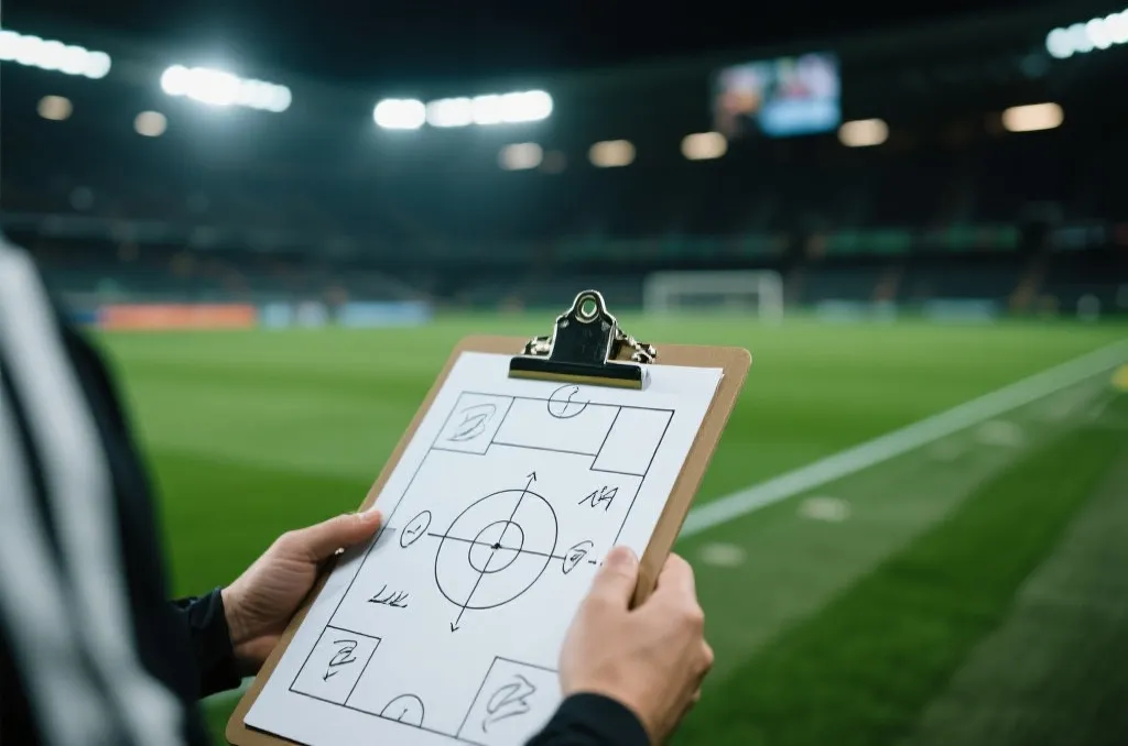 A close-up of a soccer coach's clipboard with tactical drawings, on a lush green stadium pitch under bright lights, professional sports photography