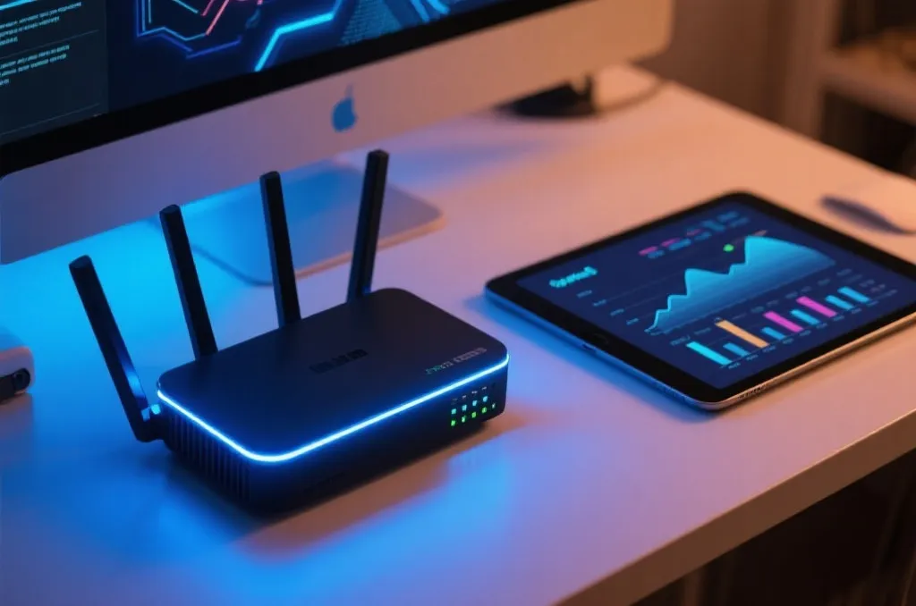 A high-speed internet router with glowing blue LED lights on a desk, next to a tablet showing abstract performance charts, tech style