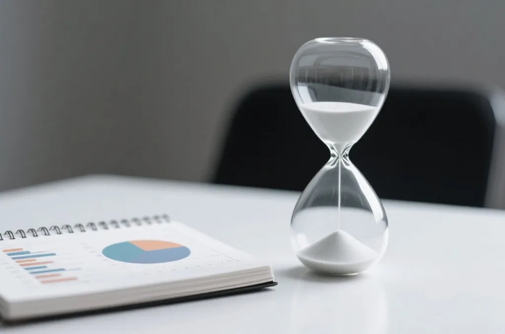 A modern glass hourglass with sand flowing smoothly, representing time management and tactical decision-making
